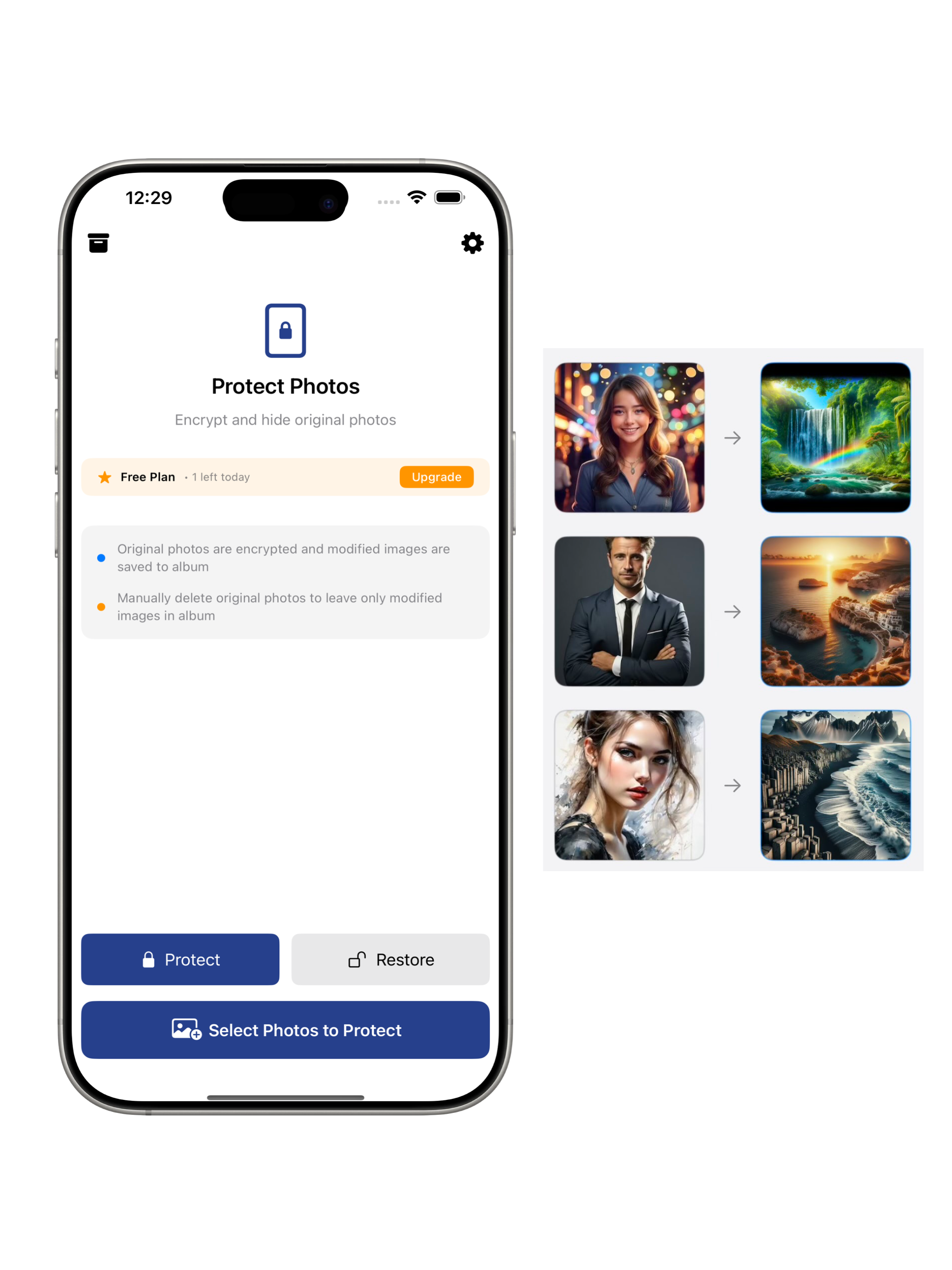PhantomSnap app screenshot showing photo encryption interface